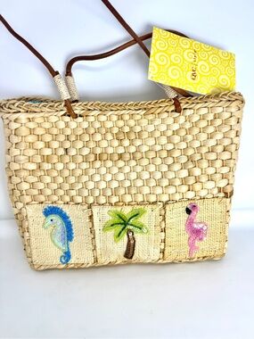 QVC Woven Straw Tote with Blue Seahorse, Green Palm & Pink Flamingo